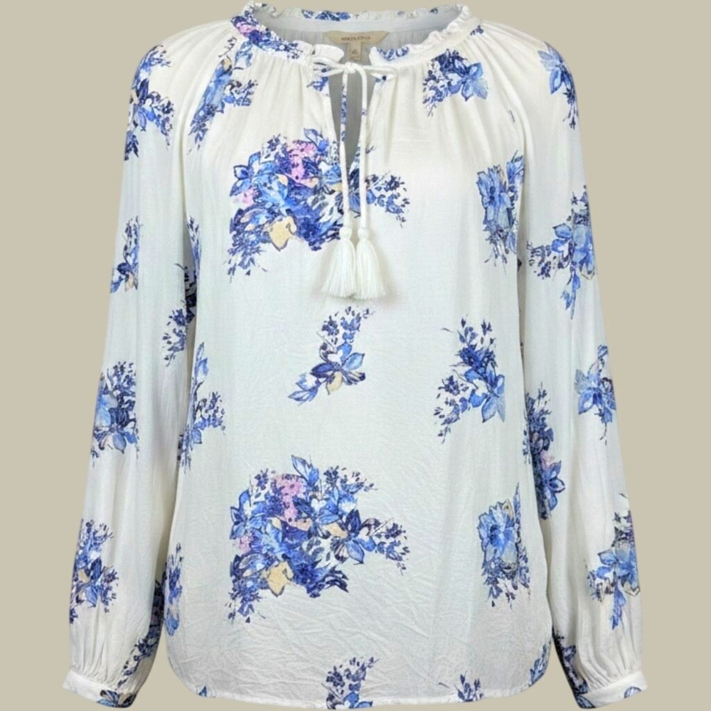 Lucky Brand Women's L White Blue Floral Boho Peasant Top Long Sleeve Ruffle Neck